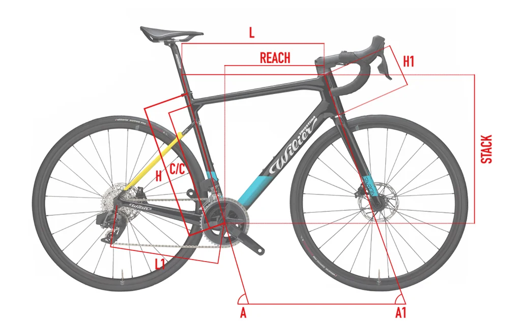 Obecné schéma geometrie Wilier Garda Disc – písmena odpovídají řádkům tabulky.