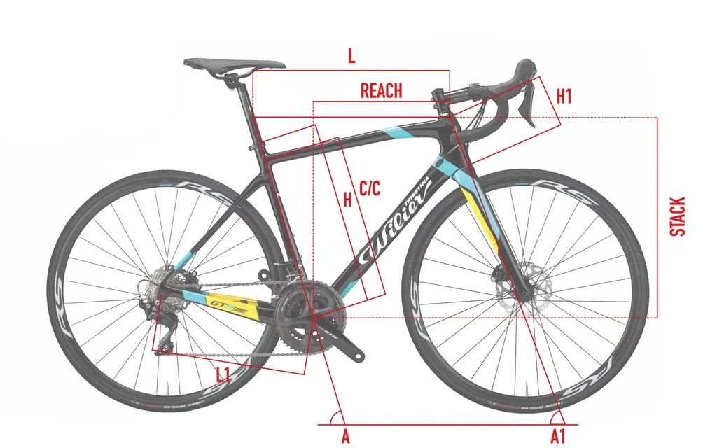 Obecné schéma geometrie Wilier GTR Team Disc – písmena odpovídají řádkům tabulky.