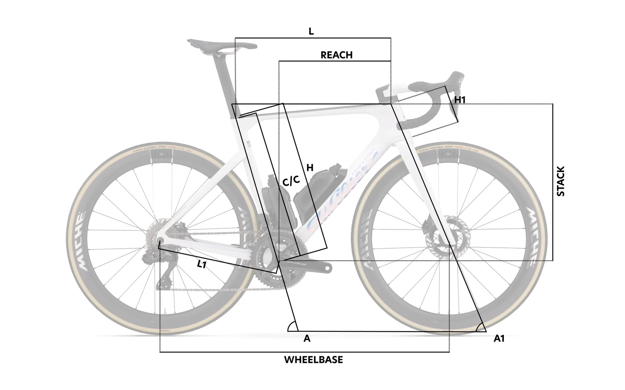 Obecné schéma geometrie Wilier Filante SLR ID2 – písmena odpovídají řádkům tabulky.