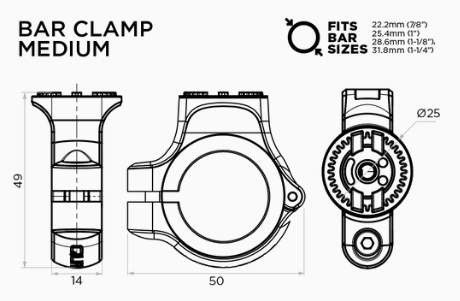 Objímka Quad Lock 360 Bar Clamp Medium nasazená na řídítkách