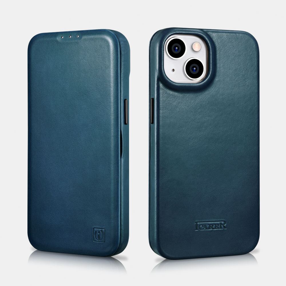 Knížkové pouzdro iCarer Oil Wax Curved Edge na iPhone 14 Barva: Modrá
