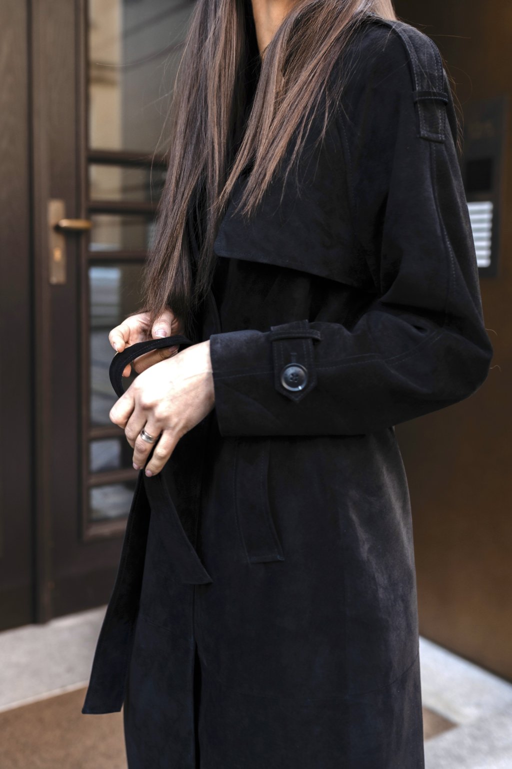 Black suede trench coat clearance
