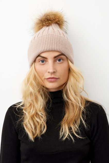 Dámská čepice s bambulí béžová