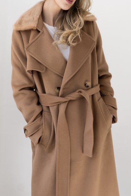 Vlněný trench coat s límečkem z norka - CAMEL