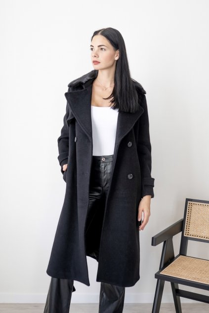 Vlněný trench coat s límečkem z norka - BLACK