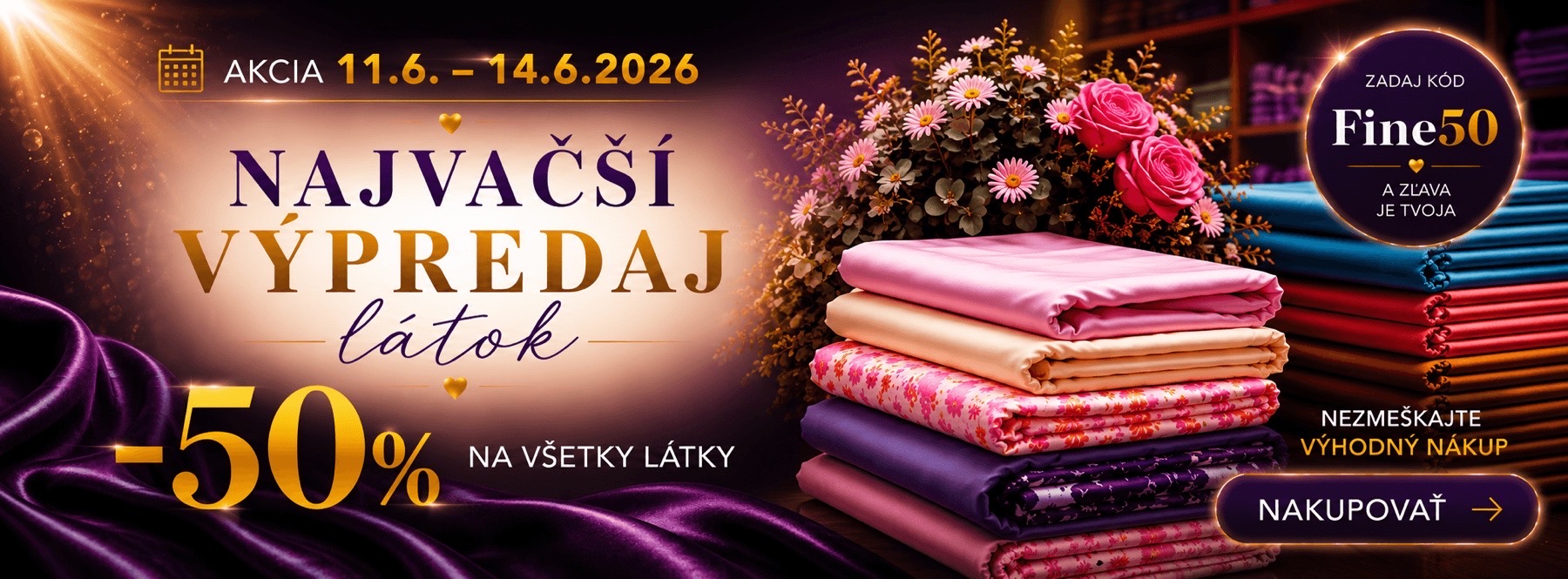 Najväčší výpredaj látok, zľava až 50%, zadaj kód fine50 azlava je tvoja . Látky v fialových odtieňoch v kombinácii so zlatou a  na stole a v pozadí kvetinky