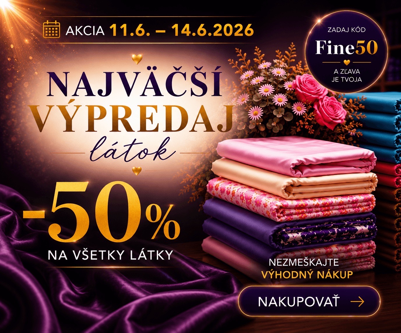 Najväčší výpredaj látok, zľava až 50%, zadaj kód fine50 azlava je tvoja . Látky v fialových odtieňoch v kombinácii so zlatou a  na stole a v pozadí kvetinky