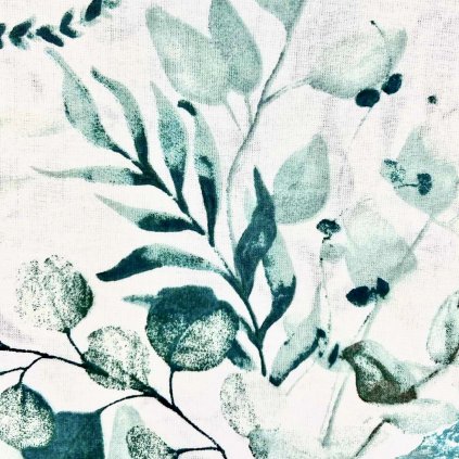 látka biela bavlnená- zelené listy eukalyptus-jpg