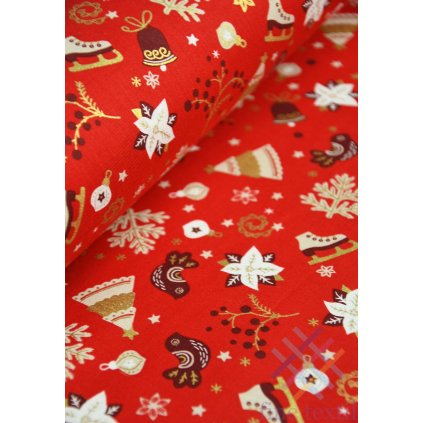 0240.2 vianocna bavlnena latka cervena stromy a vtaciky