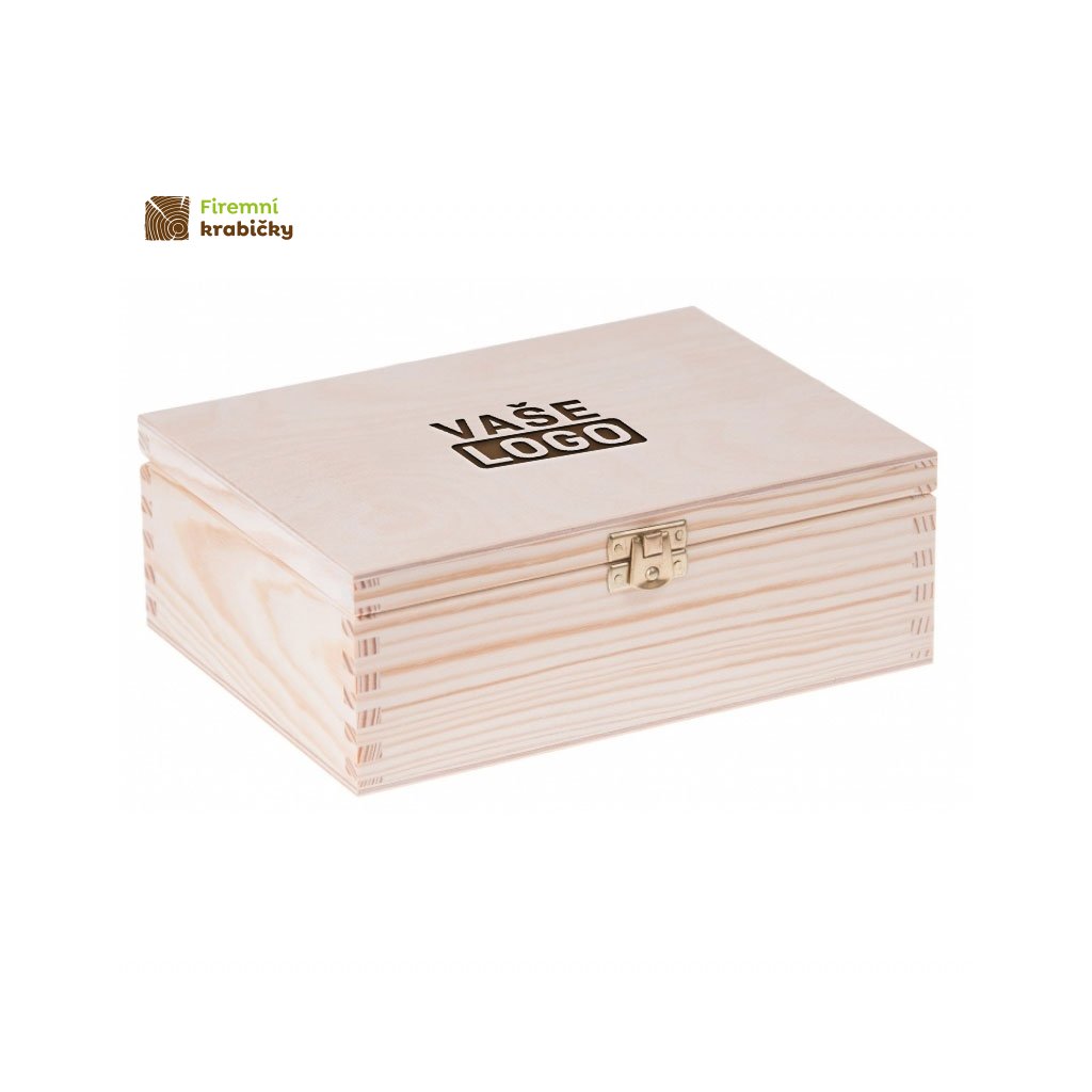 Dřevěná krabička s LOGEM na čaj s přihrádkami, se zámkem - 22x16x8 cm,  Přírodní - Firemní krabičky