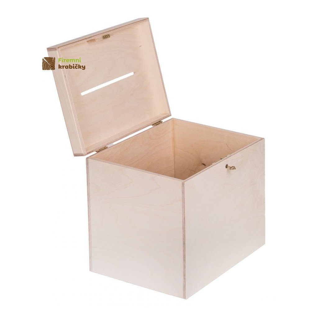Dřevěný box na svatební přání na klíč - 30x29x25 cm, Přírodní - Firemní  krabičky
