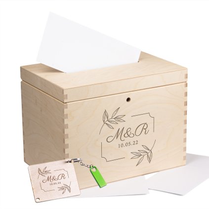 Dřevěný box na svatební přání na klíč + klíčenka s kovovým mini USB flash diskem 16 GB  + KLÍČEK ZDARMA