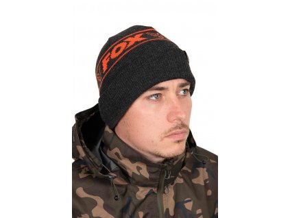 Fox International Zimní  čepice černě melírovaná  s oranžovým Fox znakem Beanie B/O