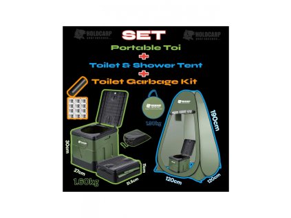 Holdcarp Akční set - kempingová přenosná skládací toaleta Portable Toi + samorozkládací toaletní a sprchovací stan + toaletní příslušenství Toi Garbage kit
