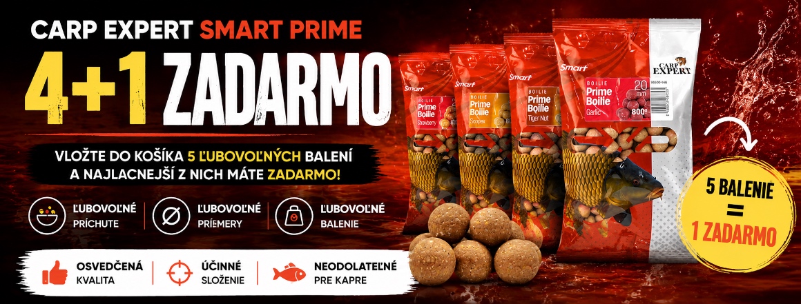 Nakombinujte si 5 ľubovoľných balení boilies Carp Expert Smart Prime a najlacnejší z nich získate ZADARMO! Príchute, priemery aj veľkosti balenia môžete ľubovoľne kombinovať. 🎣