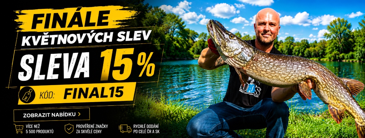 Využijte finále květnových slev na Fishing House. Se slevovým kódem FINAL15 získáte slevu 15 % na více než 5 500 vybraných produktů pro kaprařinu, přívlač, feeder, sumcařinu i lov pstruhů. Akce platí pouze do 31. 5. na vybrané zlevněné i nezlevněné produk