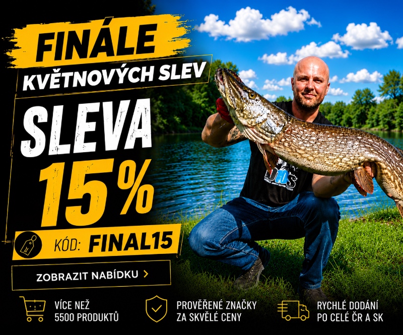 Využijte finále květnových slev na Fishing House. Se slevovým kódem FINAL15 získáte slevu 15 % na více než 5 500 vybraných produktů pro kaprařinu, přívlač, feeder, sumcařinu i lov pstruhů. Akce platí pouze do 31. 5. na vybrané zlevněné i nezlevněné produk
