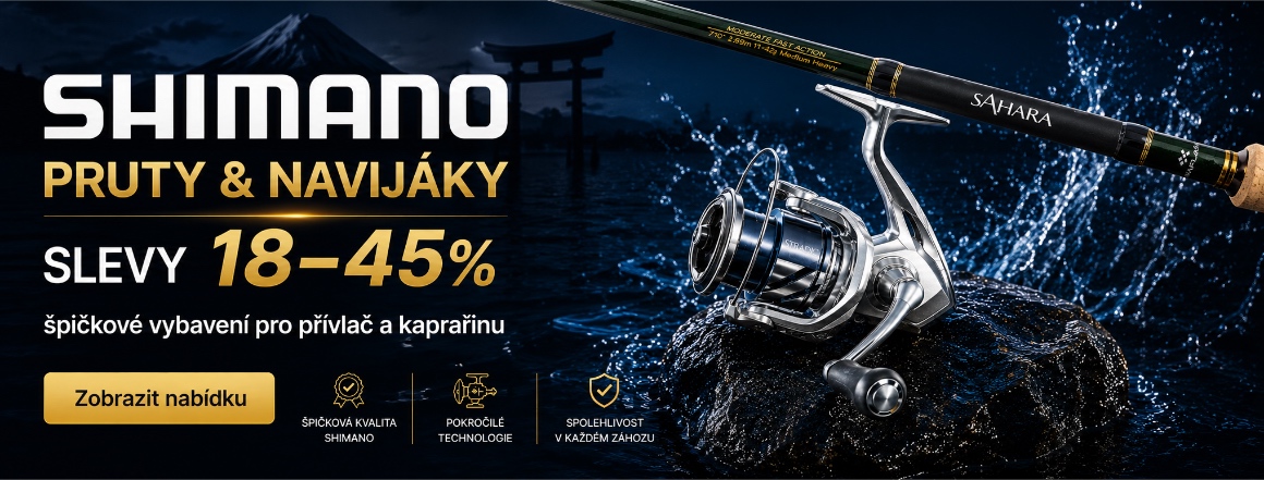 Nakupujte špičkové Shimano pruty a navijáky se slevami 18–45 %. Objevte kvalitní vybavení pro přívlač i kaprařinu včetně oblíbených modelů Shimano Stradic či Sahara. Akce platí na vybrané produkty pouze po omezenou dobu.