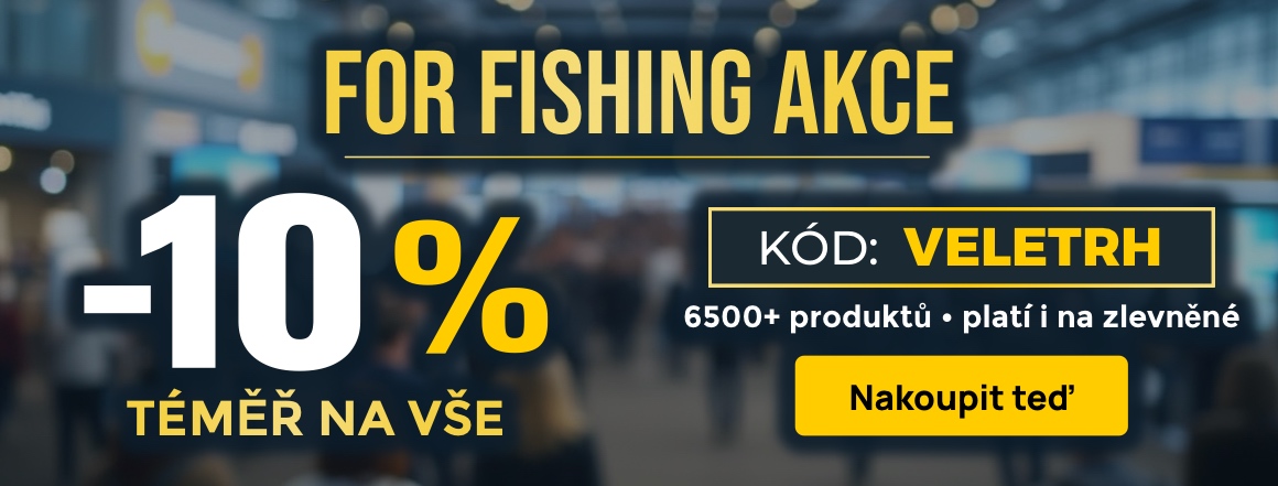 Akce For Fishing – sleva 10 % téměř na vše se slevovým kódem VELETRH. Platí na více než 6500 produktů včetně již zlevněného zboží. Využijte časově omezenou nabídku na rybářské potřeby.