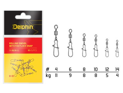 Delphin obratlíky s karabinkou Rolling Swivel with Fastlock Snap B-01 10ks (Varianta vel.4)