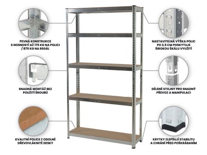 Regál kovový zinkovaný 5-policový 2000×1000×400 mm, nosnost 875 kg