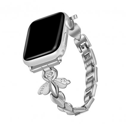 Stylový řemínek s kamínky a motýlem pro Apple Watch - Stříbrný