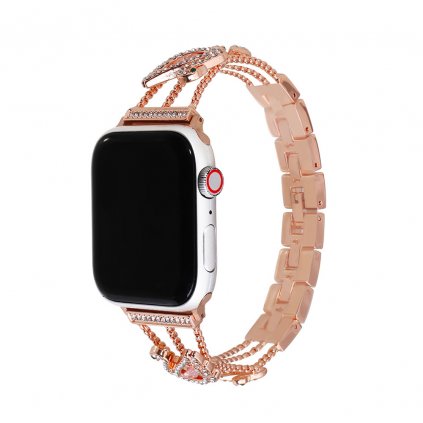 Stylový řemínek s kamínky a labutí pro Apple Watch - Rose Gold