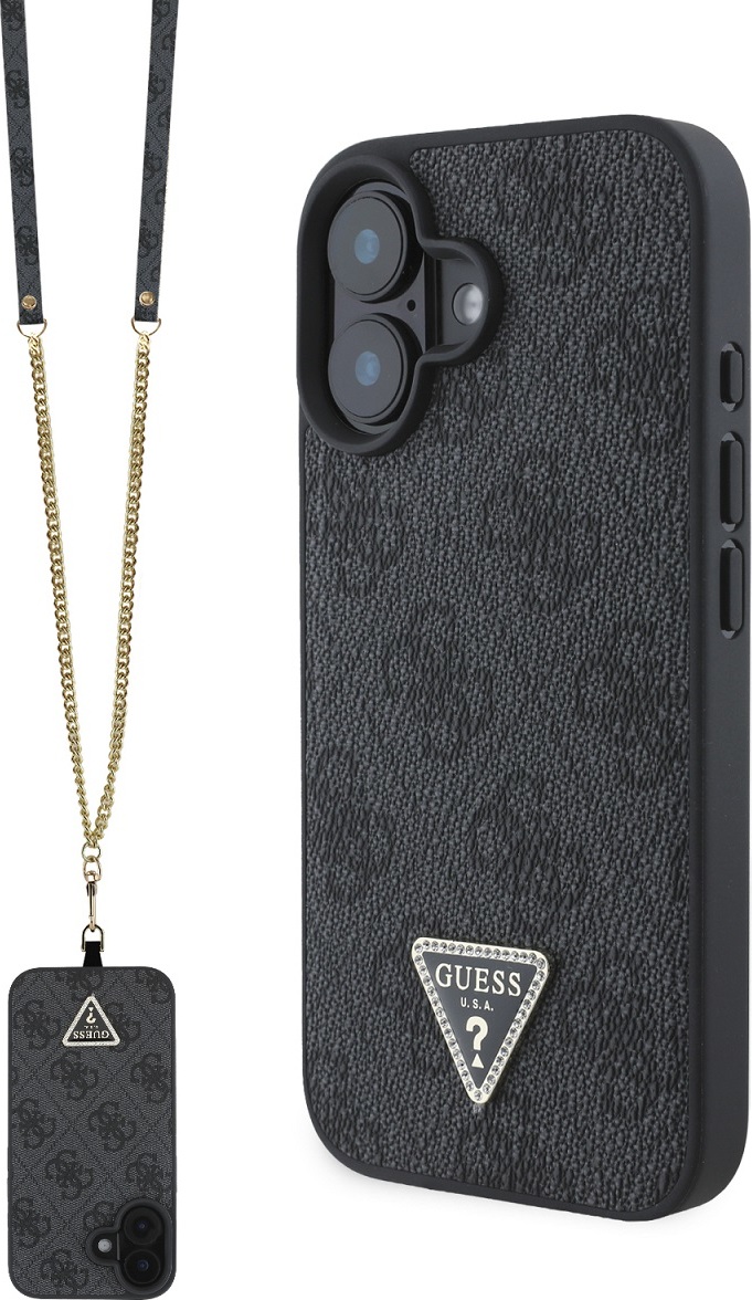 Guess PU 4G Strass Triangle Metal Logo kryt + Crossbody Popruh pro iPhone 16 černý