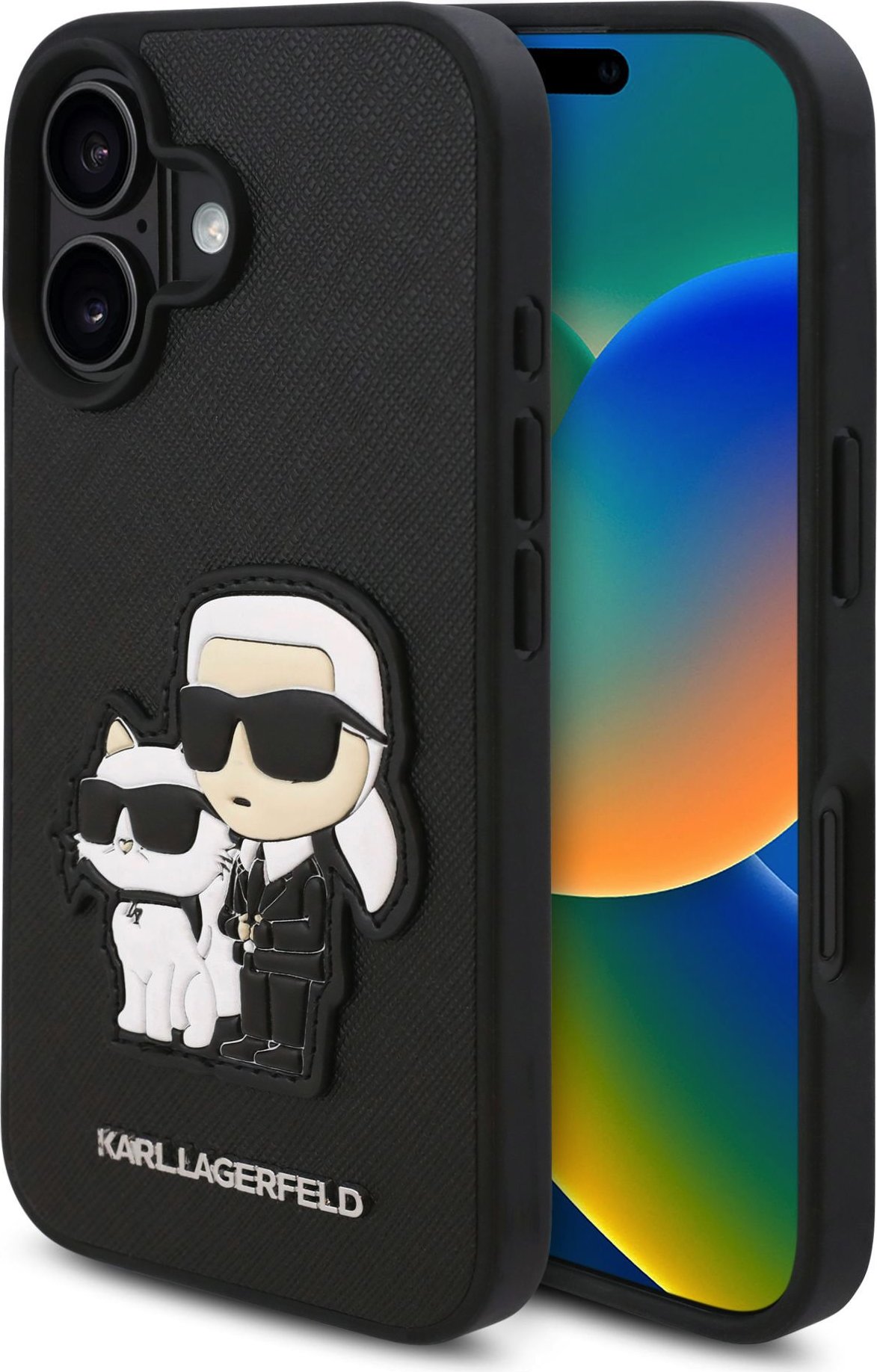 Karl Lagerfeld PU Saffiano Karl and Choupette kryt pro iPhone 16 černý