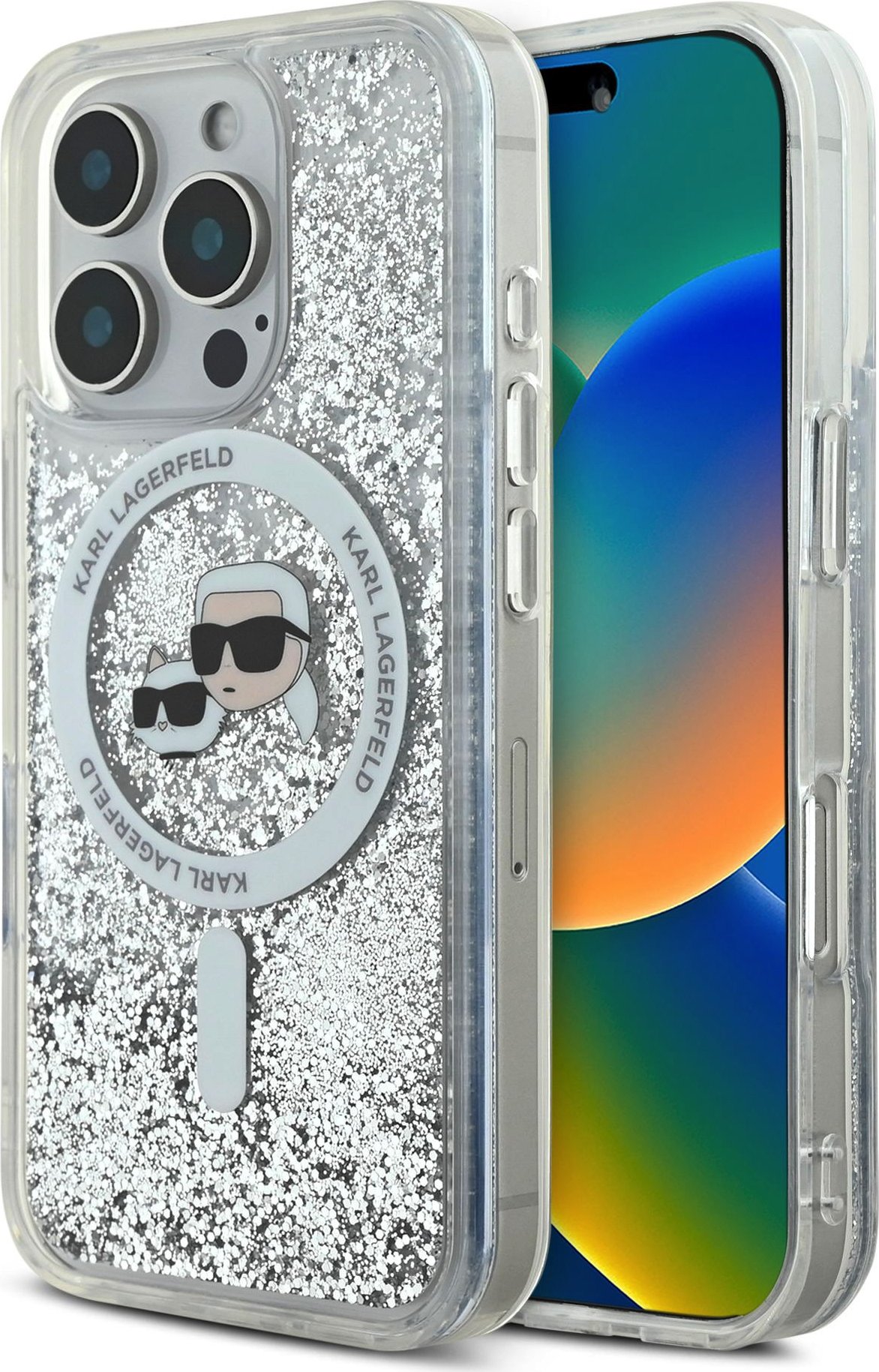 Karl Lagerfeld Liquid Glitter Karl and Choupette Heads MagSafe kryt pro iPhone 16 Pro Max čirý