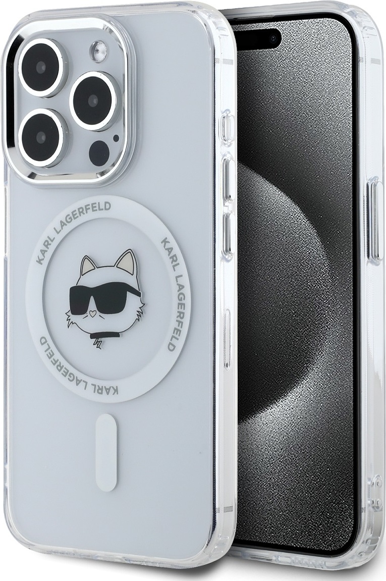 Karl Lagerfeld IML Choupette Head Metal Frame MagSafe zadní kryt pro iPhone 15 Pro Max čirý