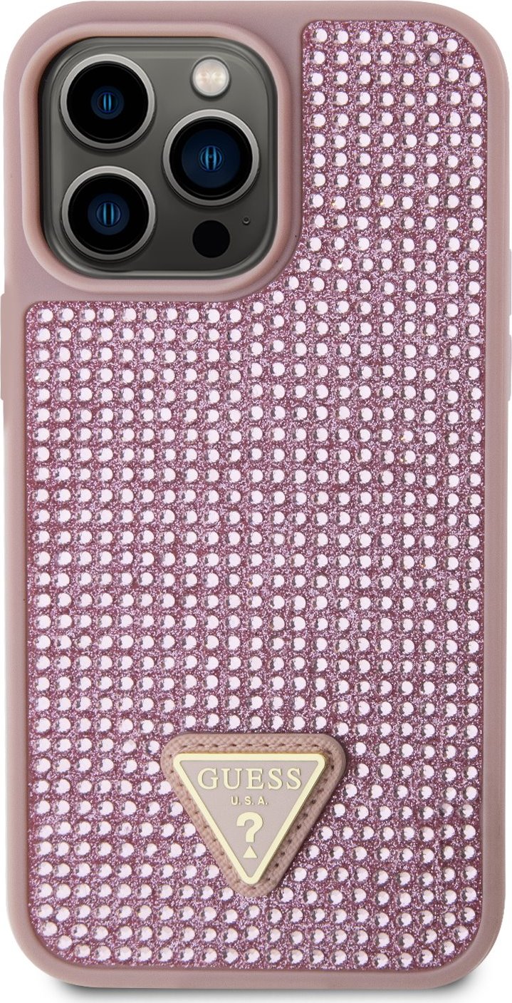 Guess Ochranný kryt pro iPhone 14 Pro MAX - Guess, Rhinestones Triangle Metal Logo Pink