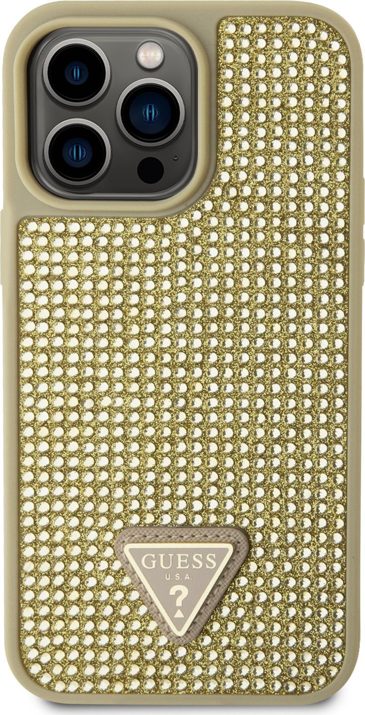 Guess Rhinestones Triangle Metal Logo kryt pro iPhone 14 Pro Max zlatý