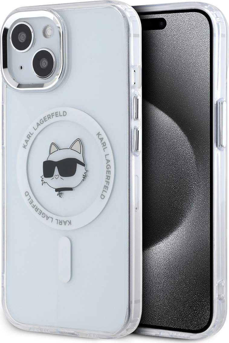Karl Lagerfeld IML Choupette Head Metal Frame MagSafe zadní kryt iPhone 15 čirý