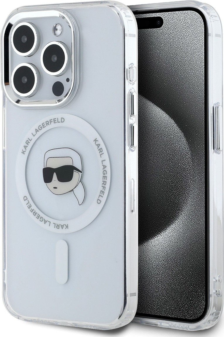 Karl Lagerfeld IML Karl Head Metal Frame MagSafe zadní kryt pro iPhone 15 Pro Max čirý