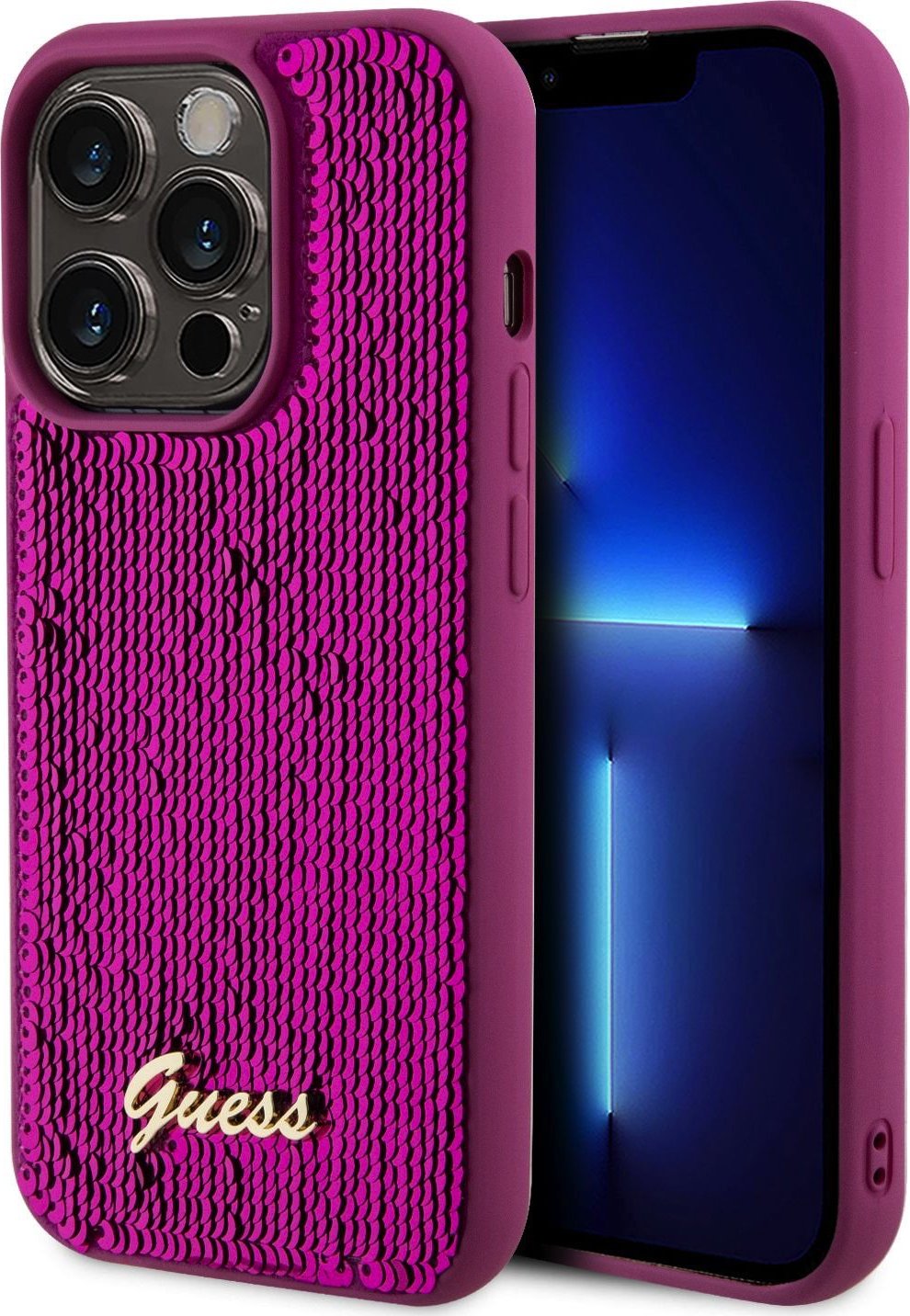 Guess Sequin Script Logo kryt iPhone 14 Pro Max magentový