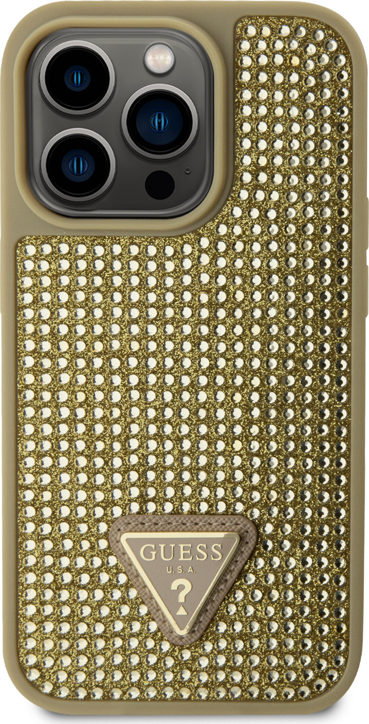 Guess Rhinestones Triangle Metal Logo Kryt pro iPhone 15 Pro zlatý