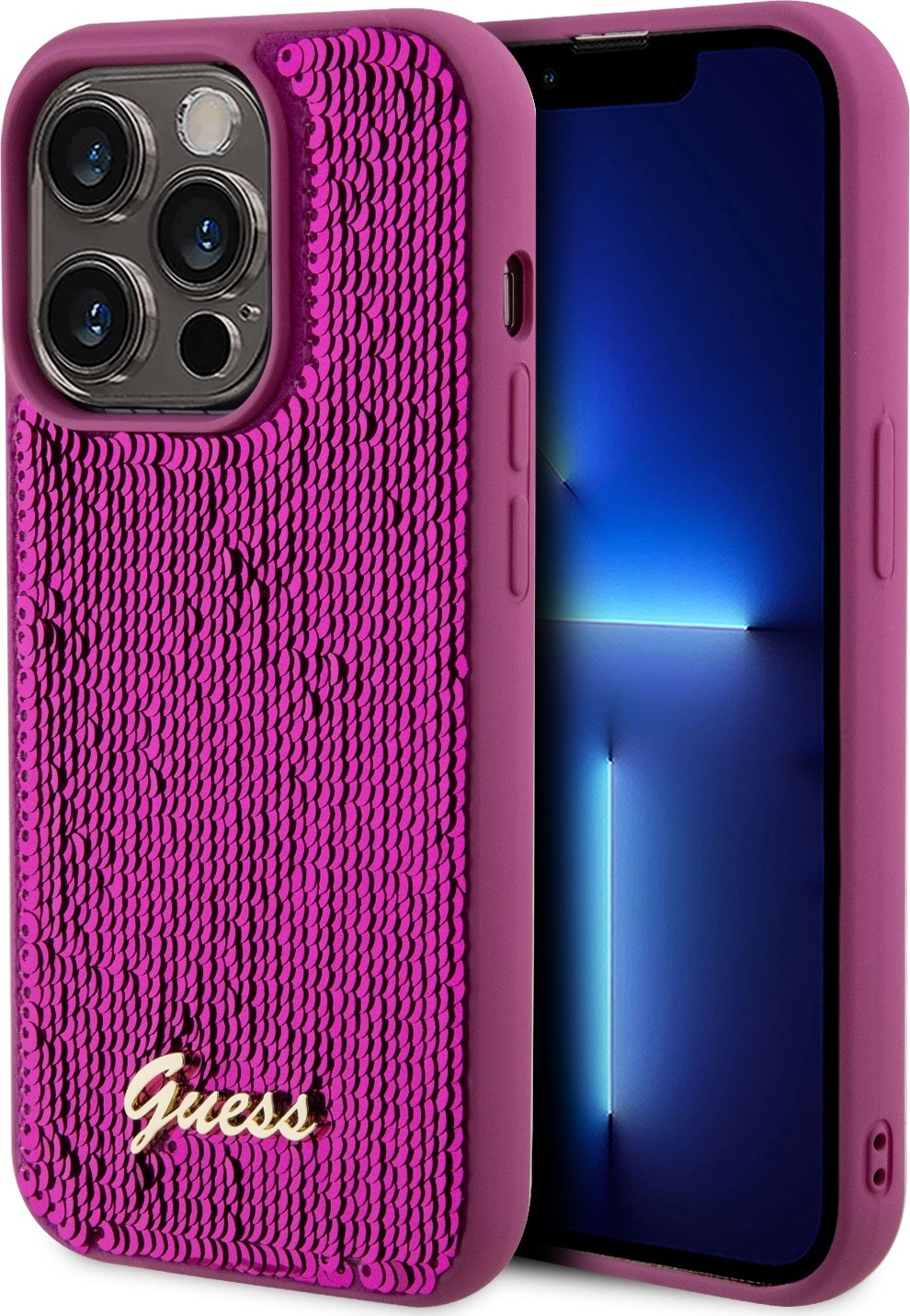 Guess Ochranný kryt na iPhone 14 Pro - Guess, Sequin Script Logo Magenta