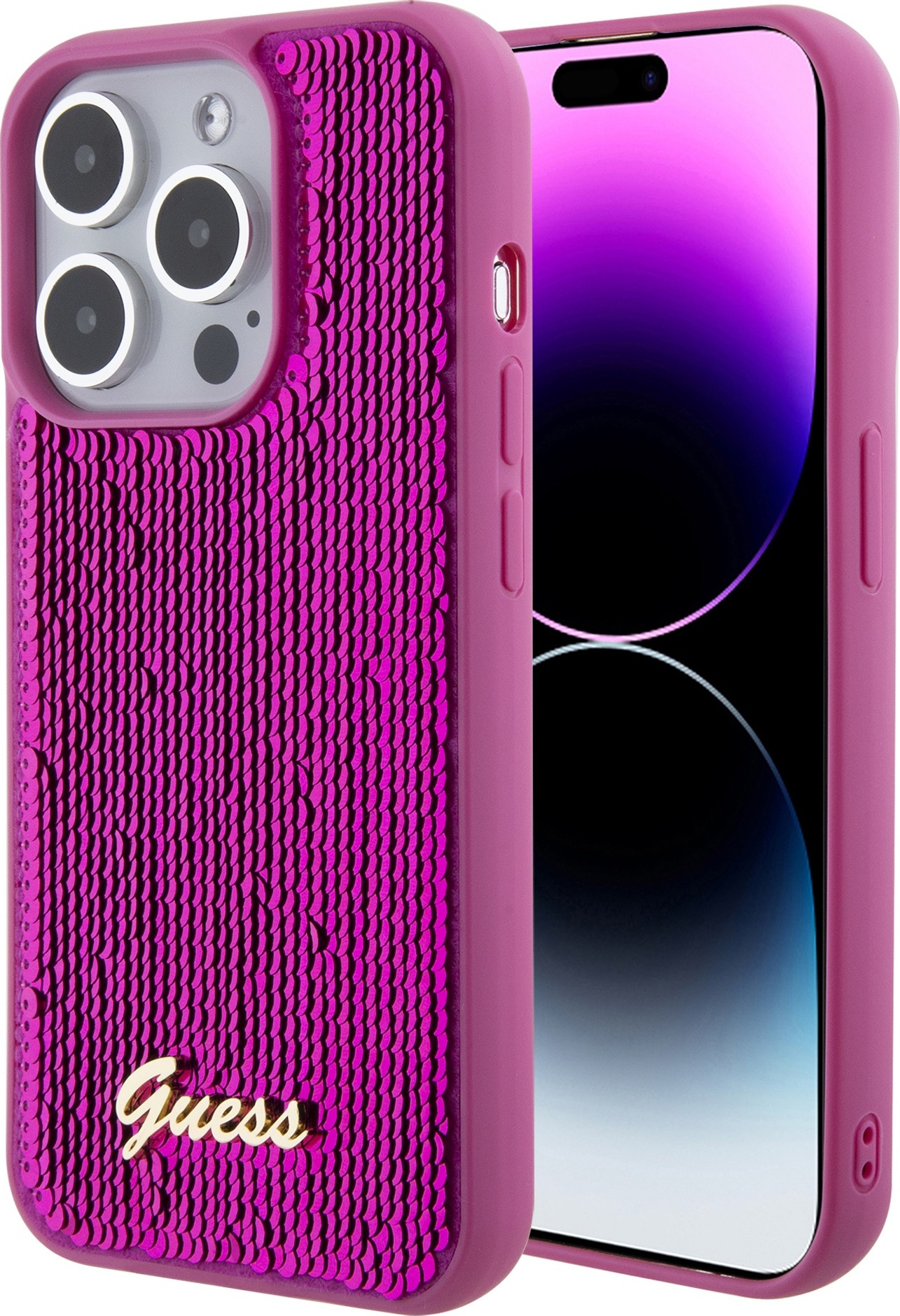 Guess Ochranný kryt na iPhone 15 - Guess, Sequin Script Logo Magenta
