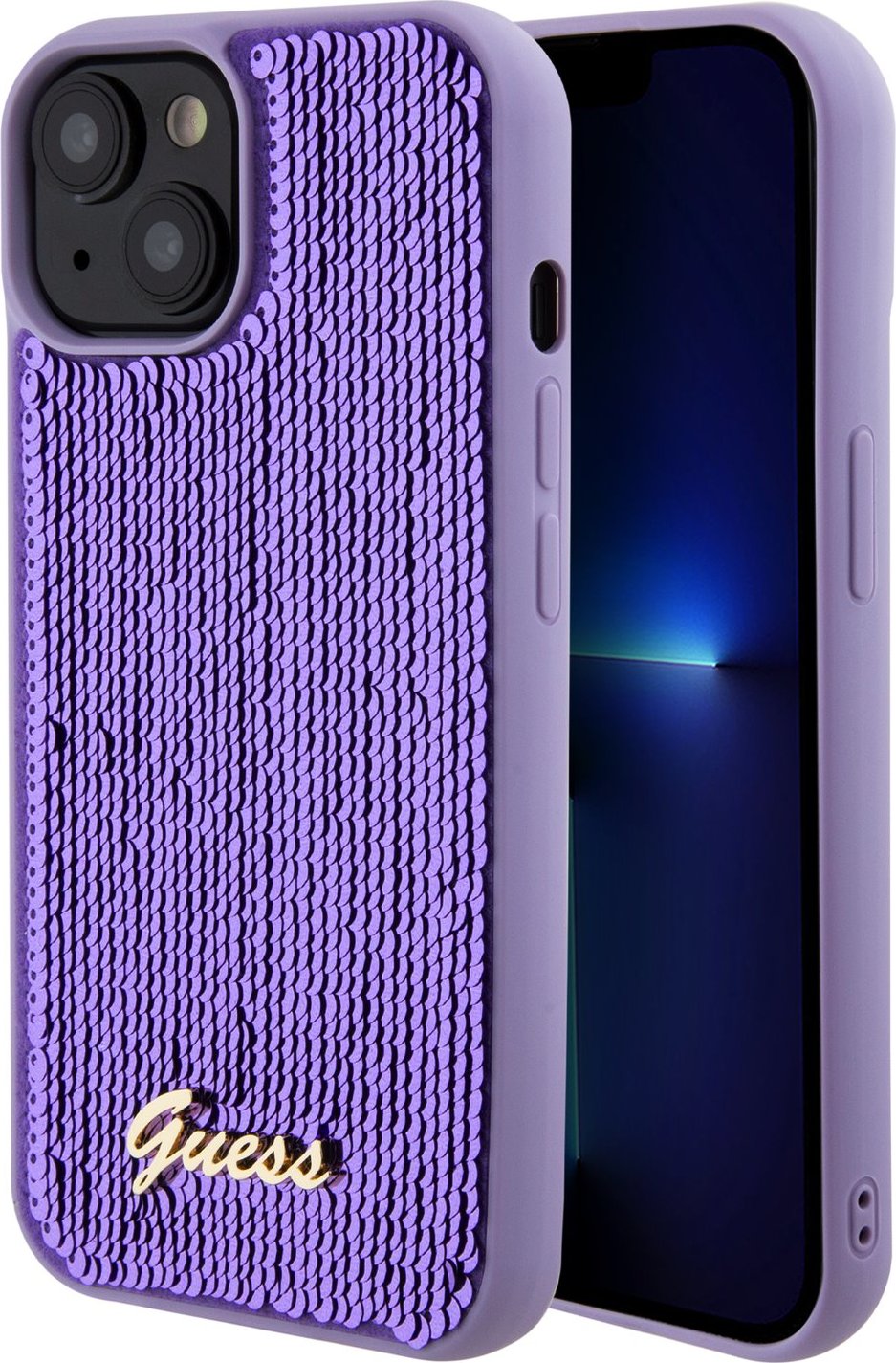 Guess Ochranný kryt na iPhone 15 - Guess, Sequin Script Logo Purple