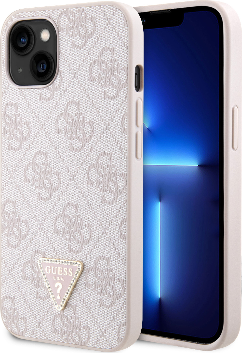 Guess PU 4G Strass Triangle Metal Logo kryt iPhone 15 růžový