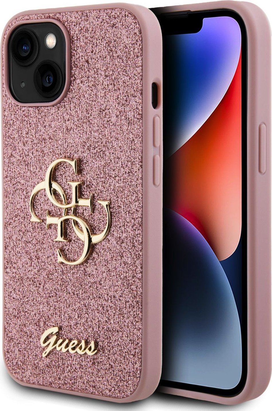 Guess Ochranný kryt na iPhone 15 - Guess, Fixed Glitter 4G Metal Logo Pink