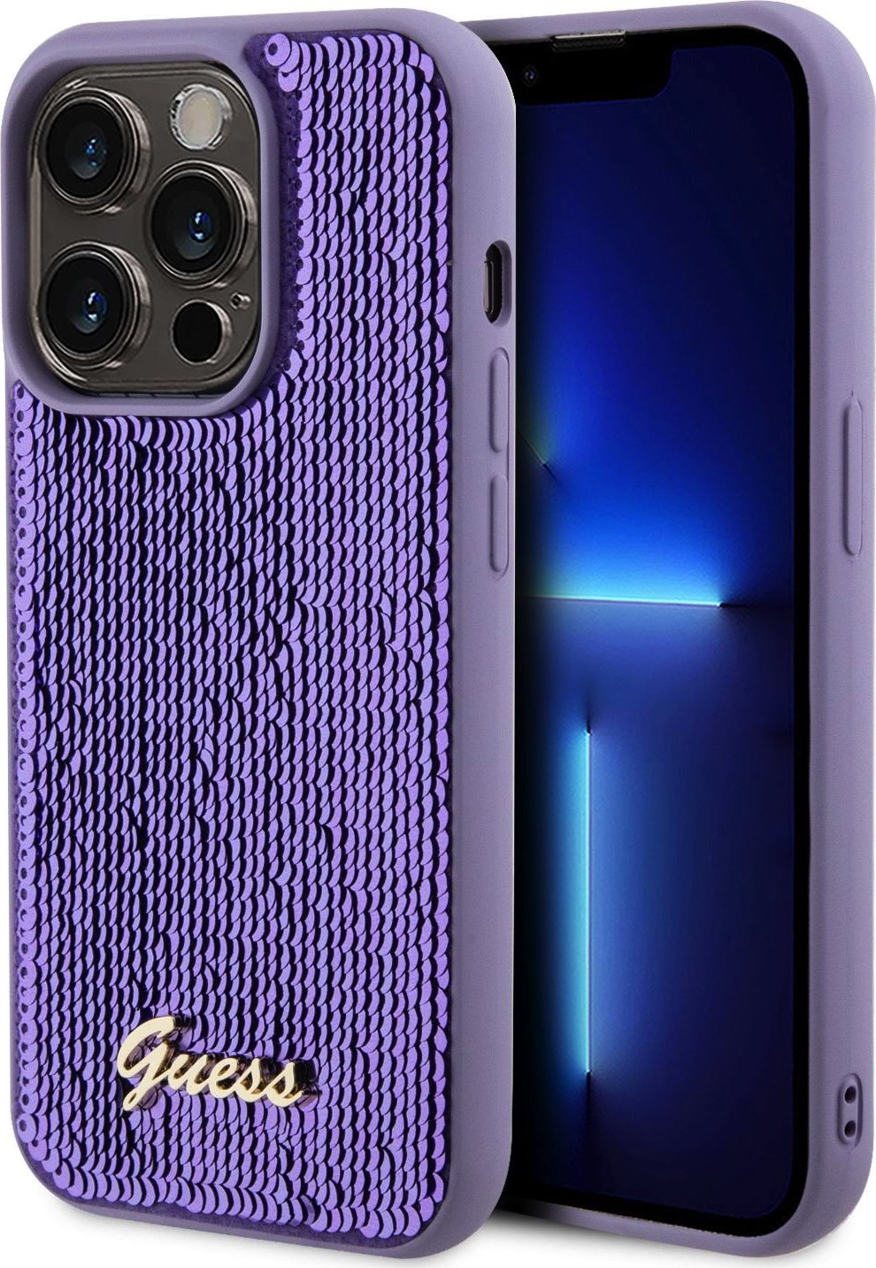 Guess Sequin Script Logo kryt iPhone 15 Pro fialový