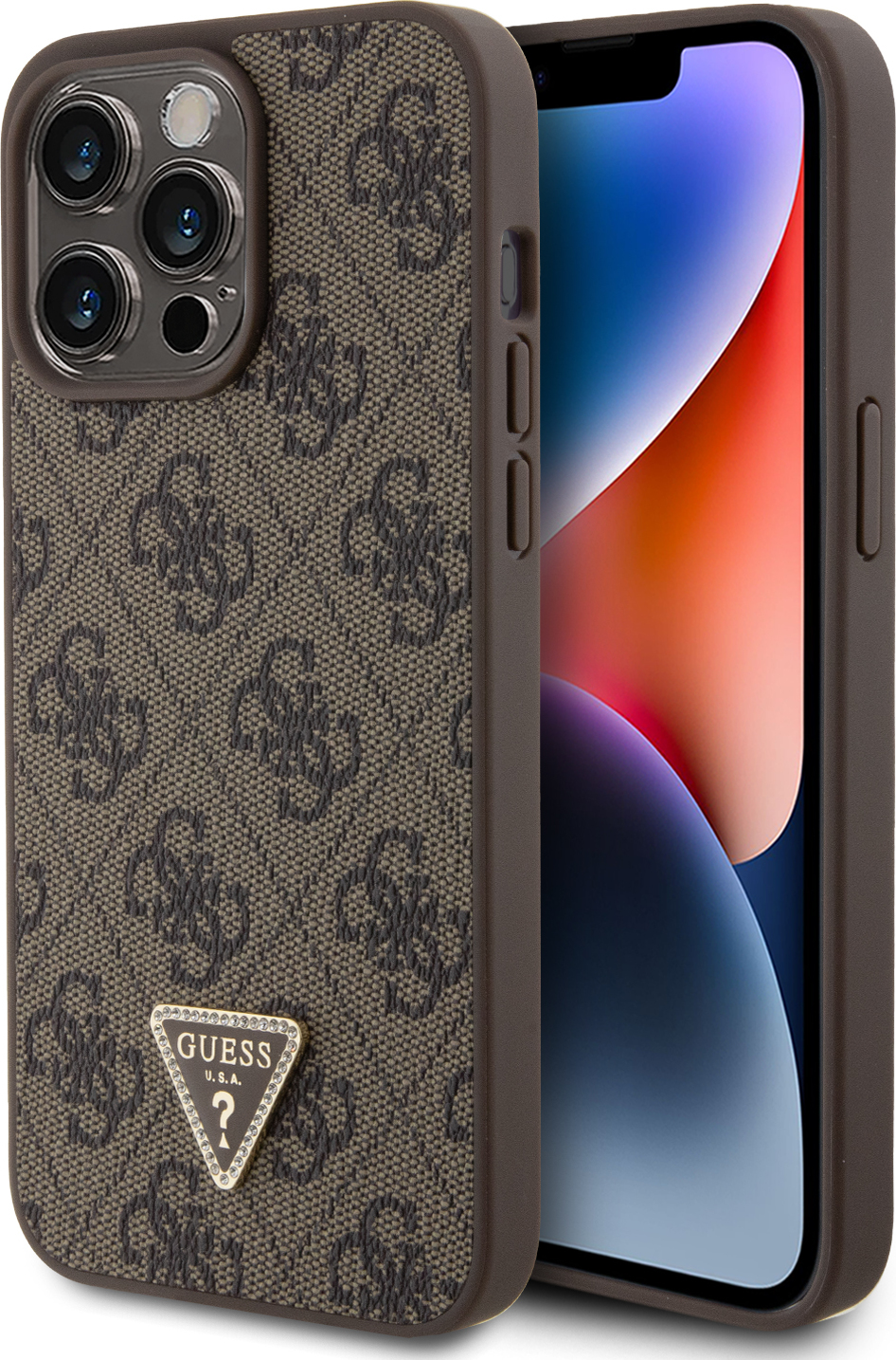 Guess PU 4G Strass Triangle Metal Logo kryt iPhone 15 Pro Max hnědý