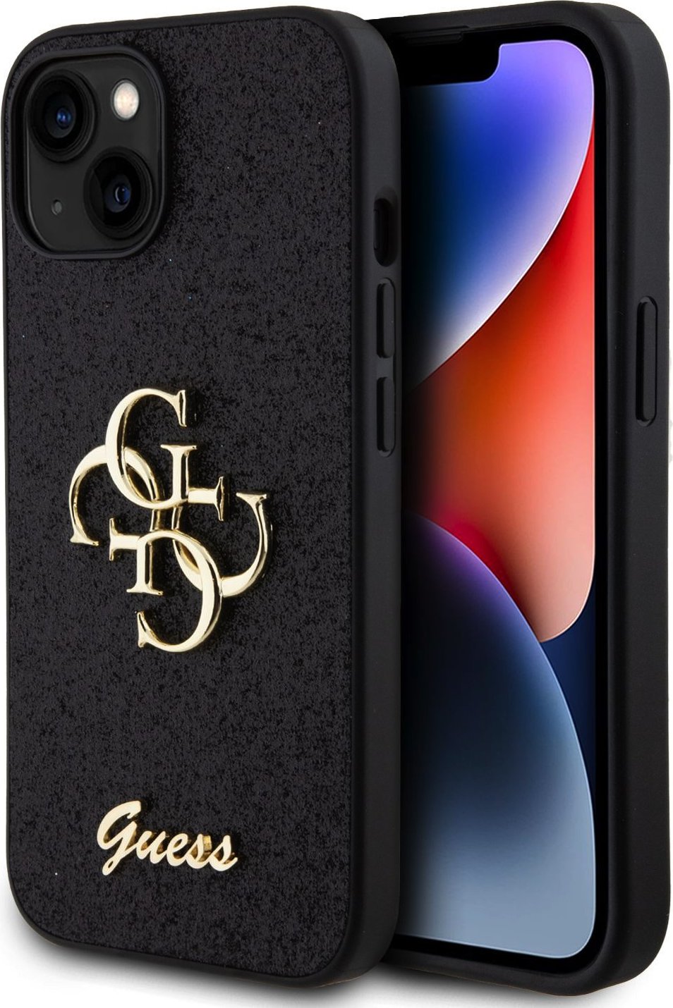 Guess PU Fixed Glitter 4G Metal Logo kryt iPhone 15 černý