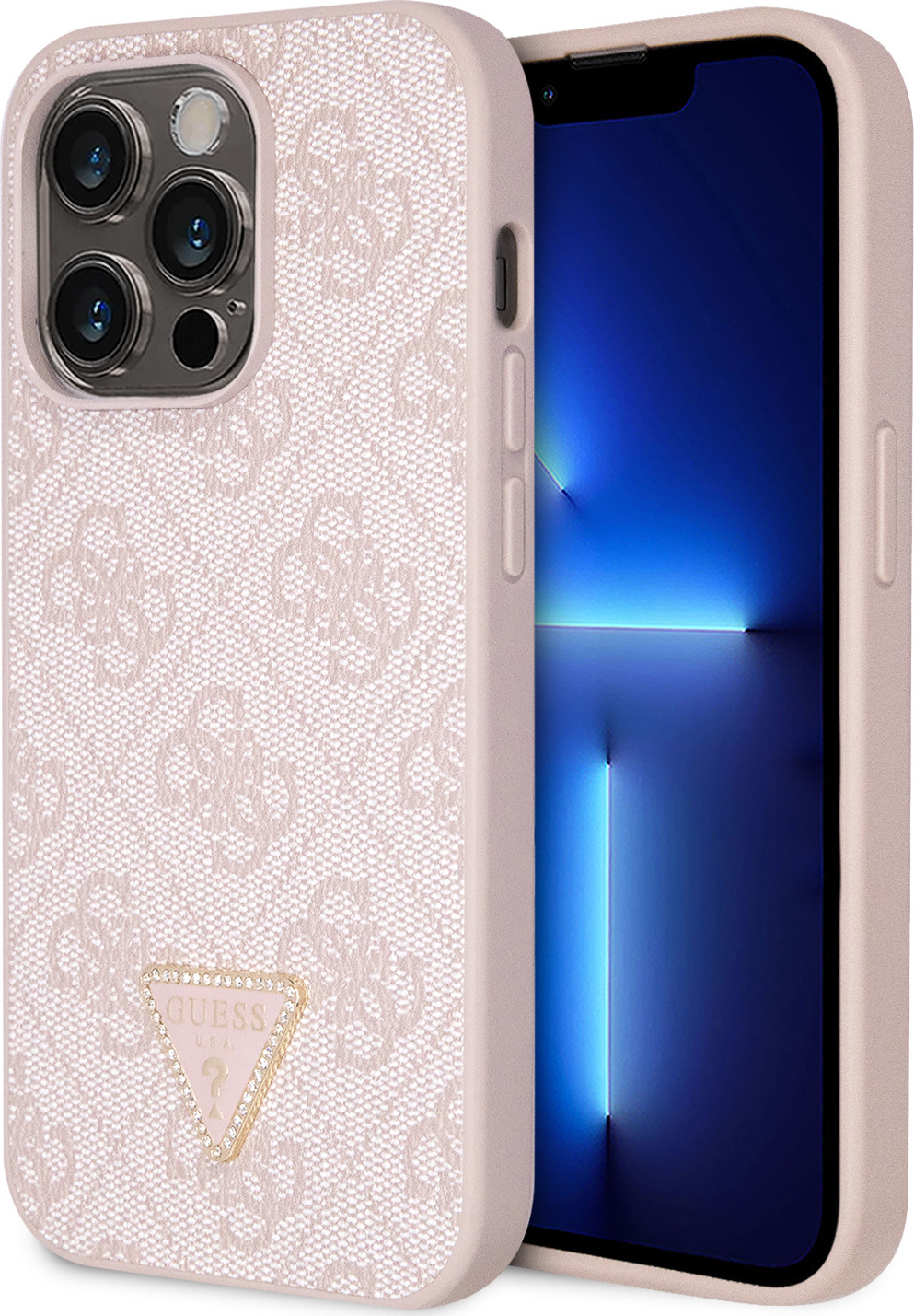 Guess PU 4G Strass Triangle Metal Logo kryt iPhone 15 Pro růžový