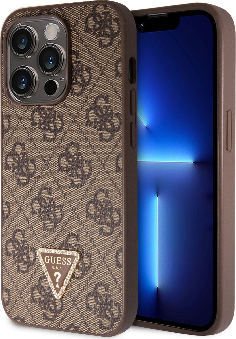 Guess PU 4G Strass Triangle Metal Logo kryt iPhone 15 Pro hnědý