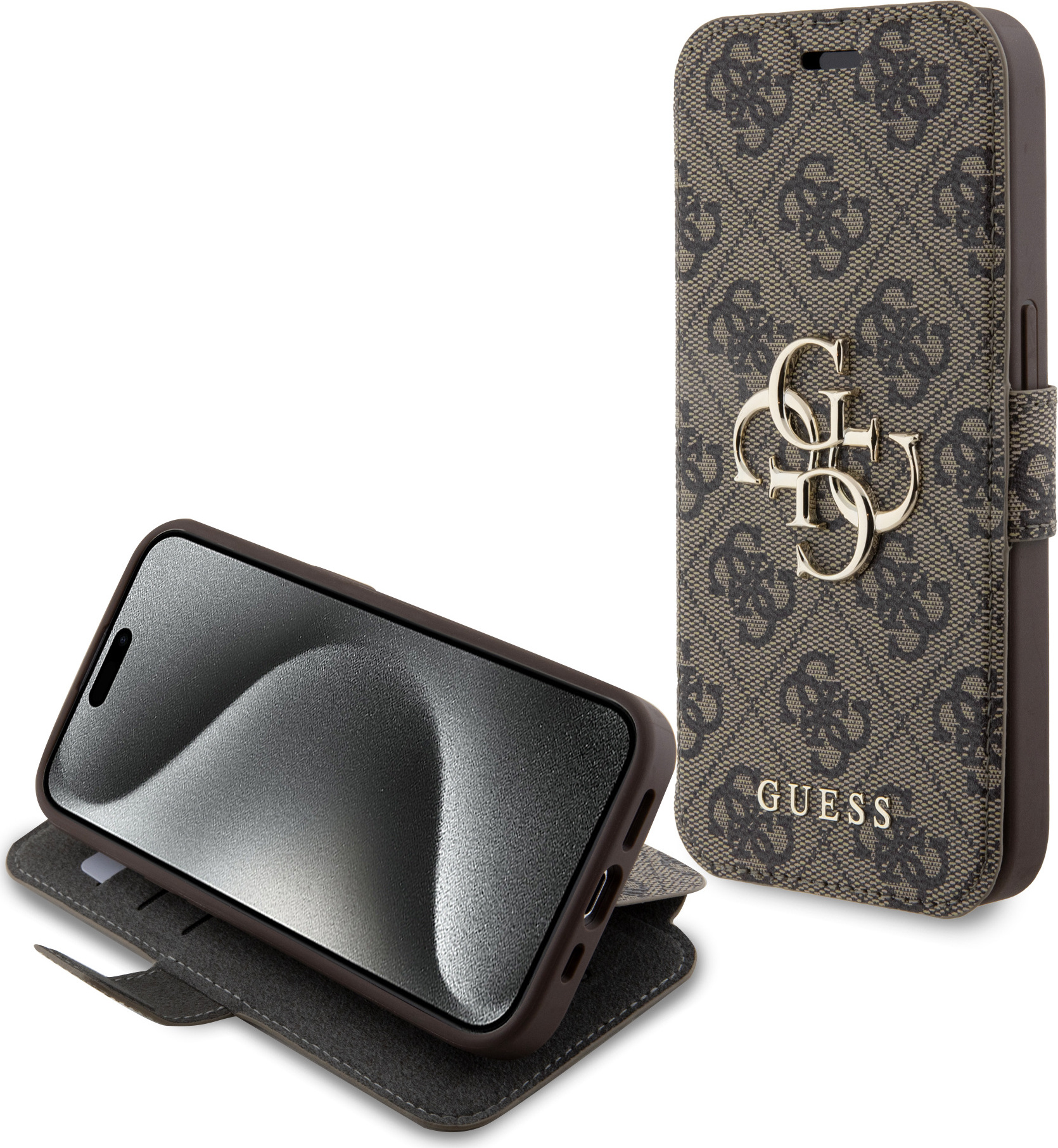 Guess PU 4G Metal Logo Book pouzdro iPhone 15 Pro Max hnědé