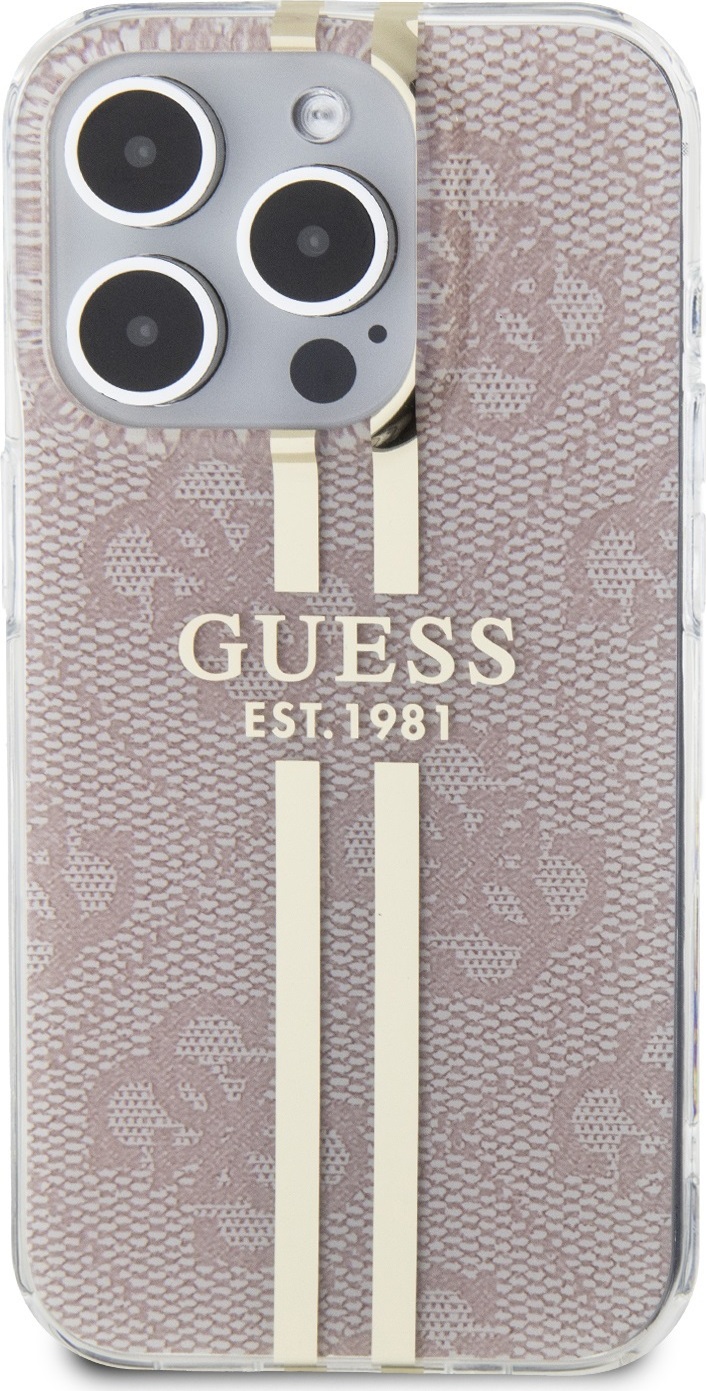 Guess IML 4G Gold Stripe kryt iPhone 15 Pro růžový