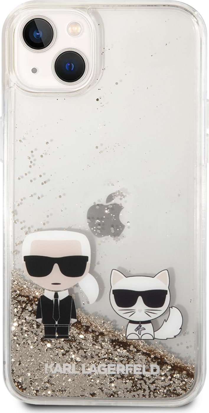 Pouzdro Karl Lagerfeld Liquid Glitter Karl and Choupette iPhone 14 Plus Gold